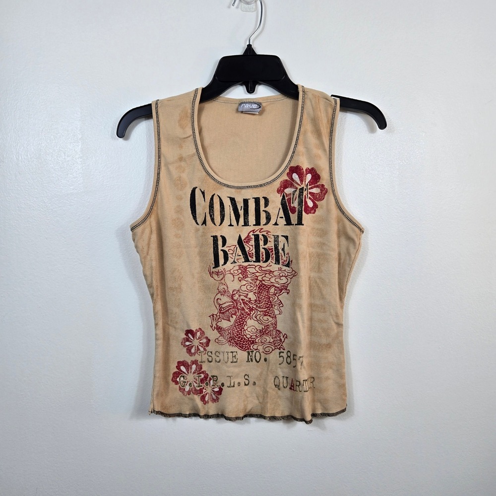 Rave Womens Vintage Tan‎ COMBAT BABE Graphic Ribbed Y2K Tank Top XL Festival 90s